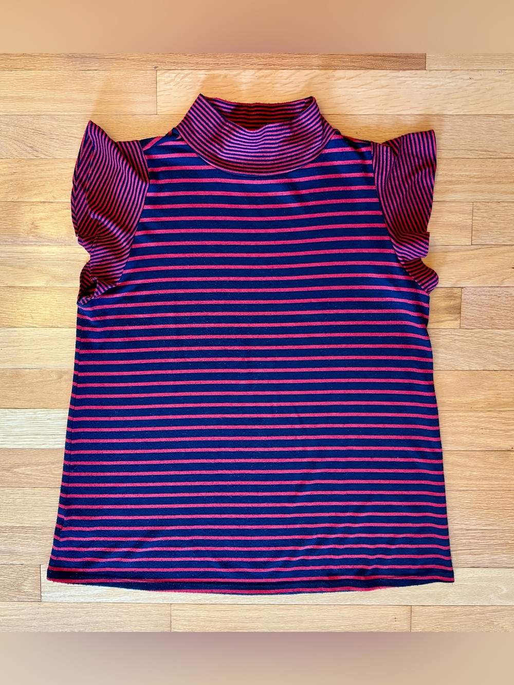 LOFT Red & Navy Striped Ruffle Sleeve Top Womens M